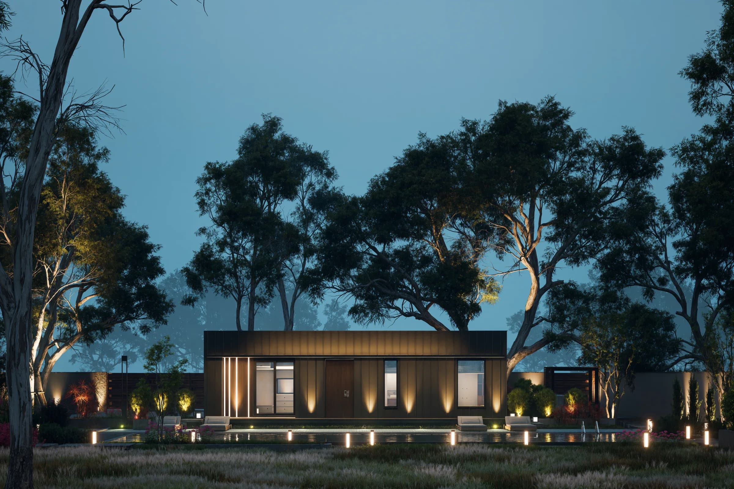 Bonsai One Bedroom — dusk exterior with warm interior glow