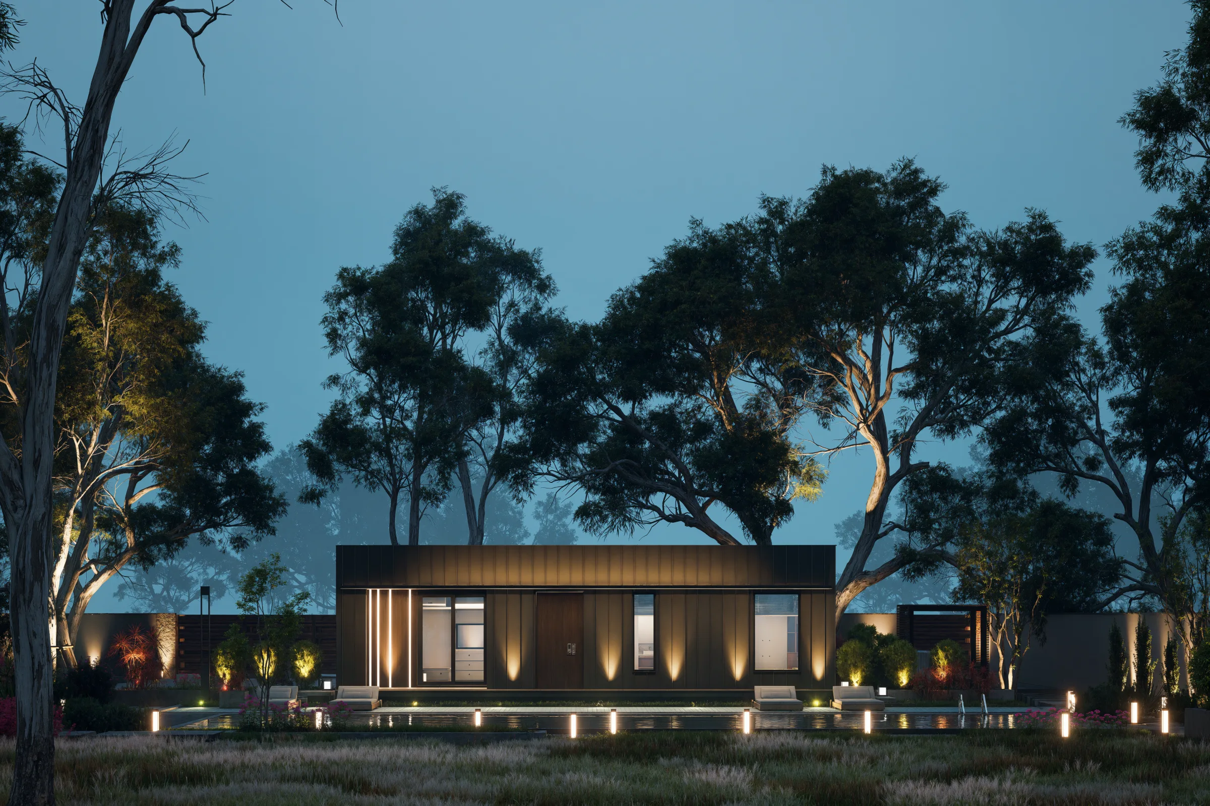 One Bedroom exterior with warm interior glow